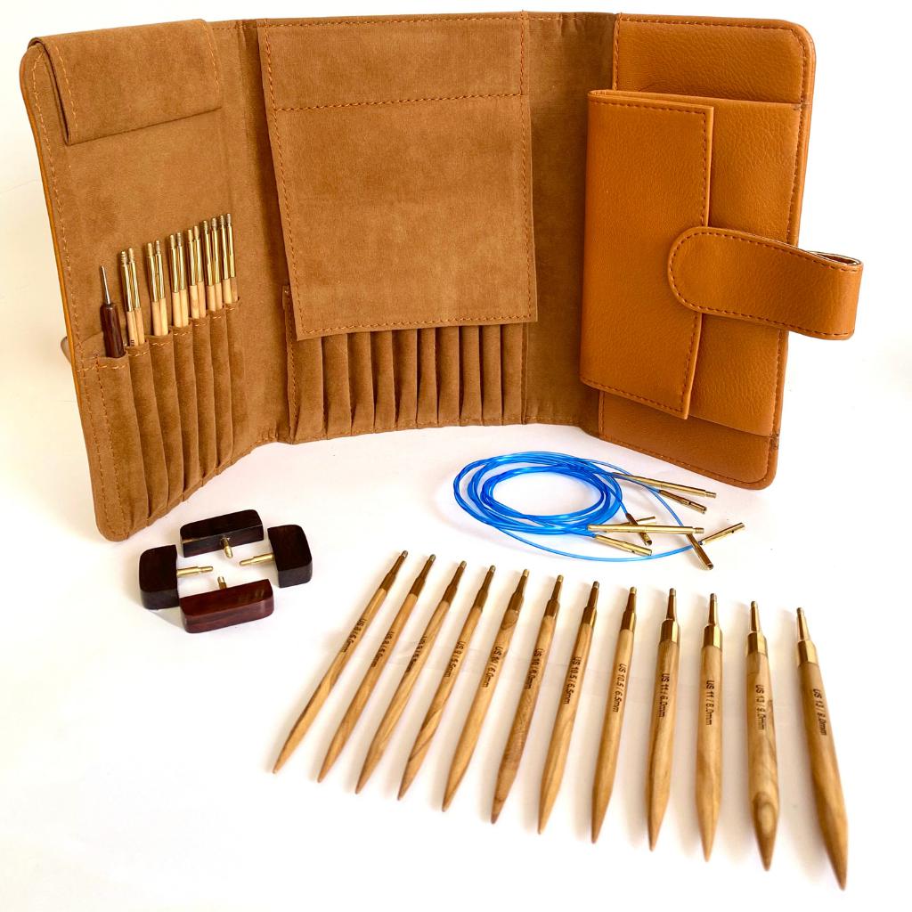 Premium 5 inch Olive Wood Interchangeable Circular Knitting Needle Set | Leather Case (29 Piece Set)